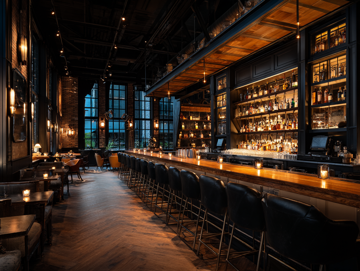 Upscale bar interior with wood finishes and acoustic treatment elements